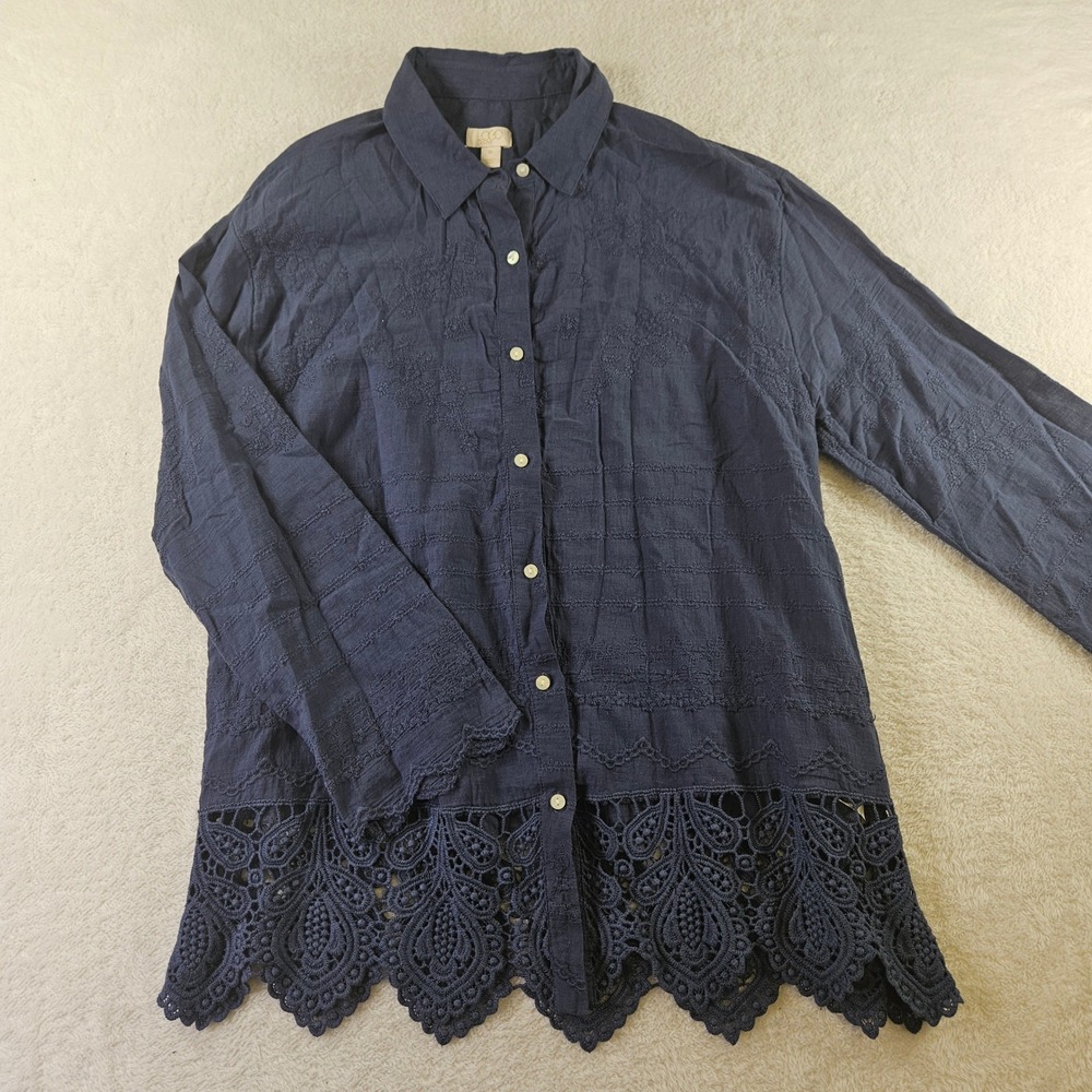 LOGO Lavish Lori Goldstein Navy Blue Embroidered Cotton Lace Hem Blouse XS